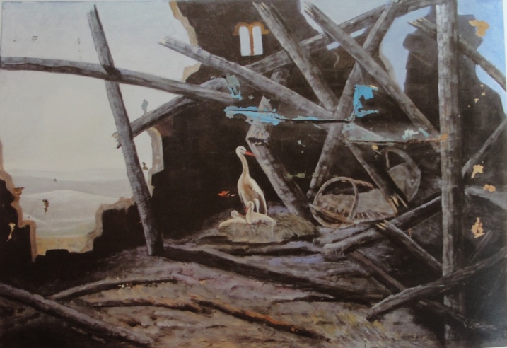Ованес Аветисян. Аист с птенцами в разрушенном доме