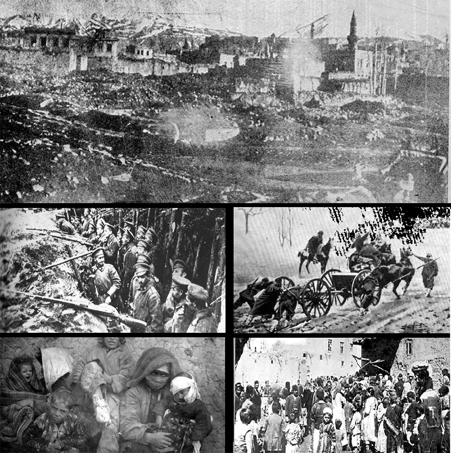 Разрушения в Эрзуруме, российские войска (левая верхняя); Раненные мусульманские беженцы (левая нижняя); османские войска (правая верхняя); армянские беженцы (правая нижняя)